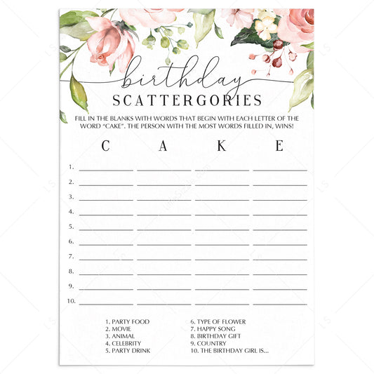 Blush Floral Birthday Scattergories Game Instant Download by LittleSizzle