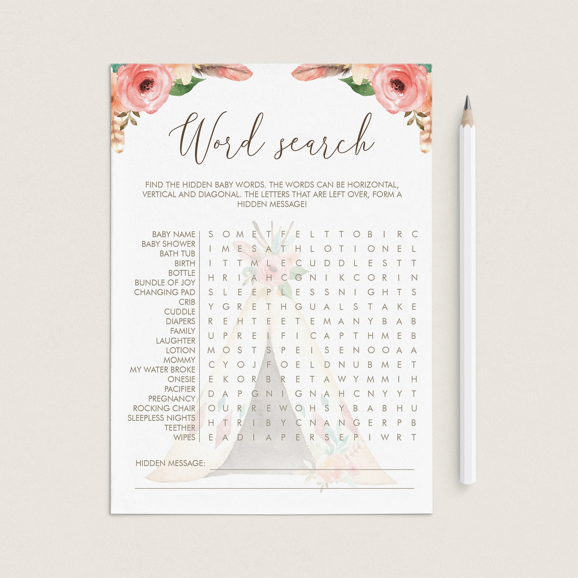Tribal Baby Shower Games Baby Word Search Printable by LittleSizzle