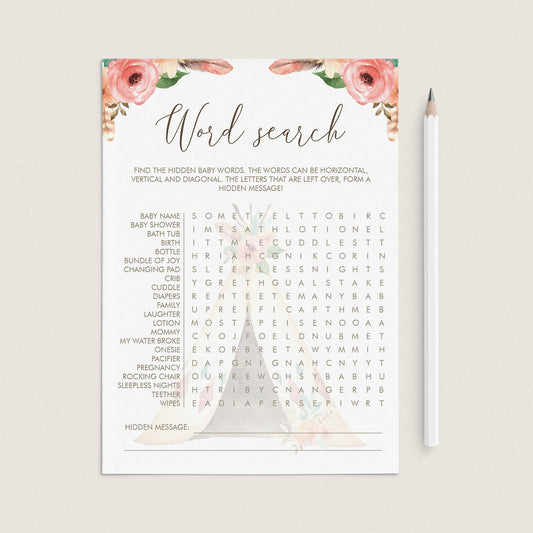 Tribal Baby Shower Games Baby Word Search Printable by LittleSizzle