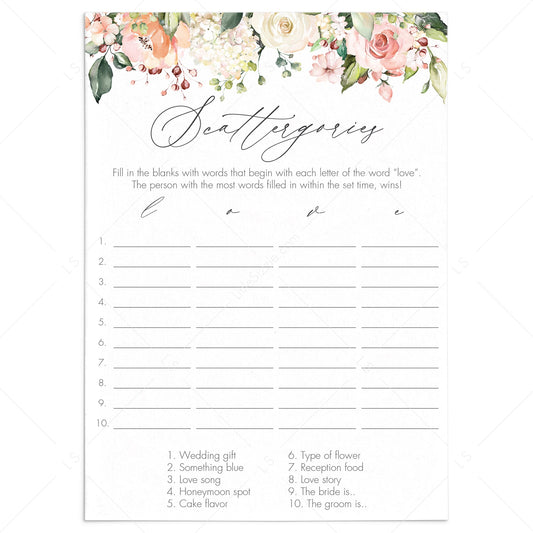 Printable bridal scattergories game cards instant download by LittleSizzle