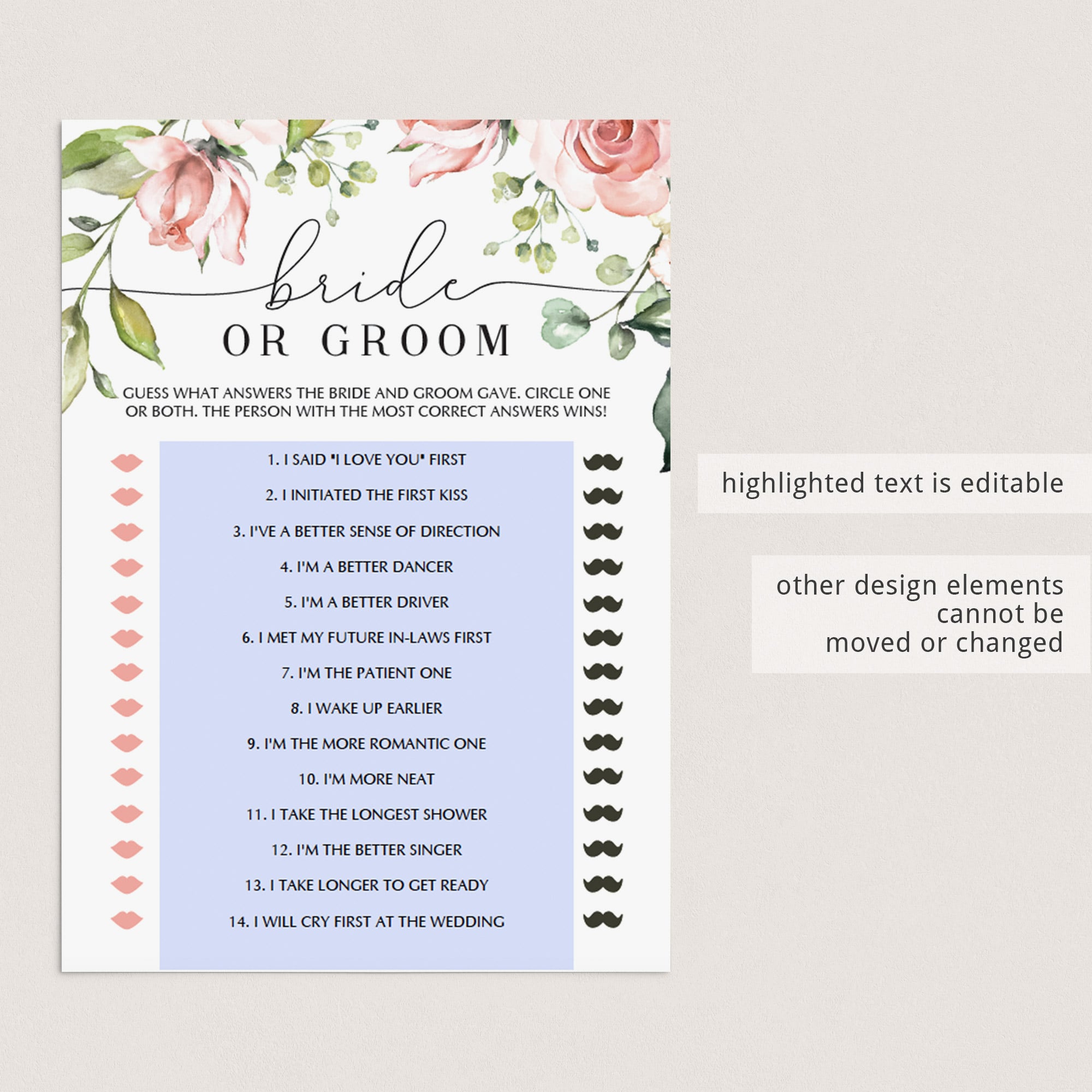 floral bridal shower bride or groom game printable