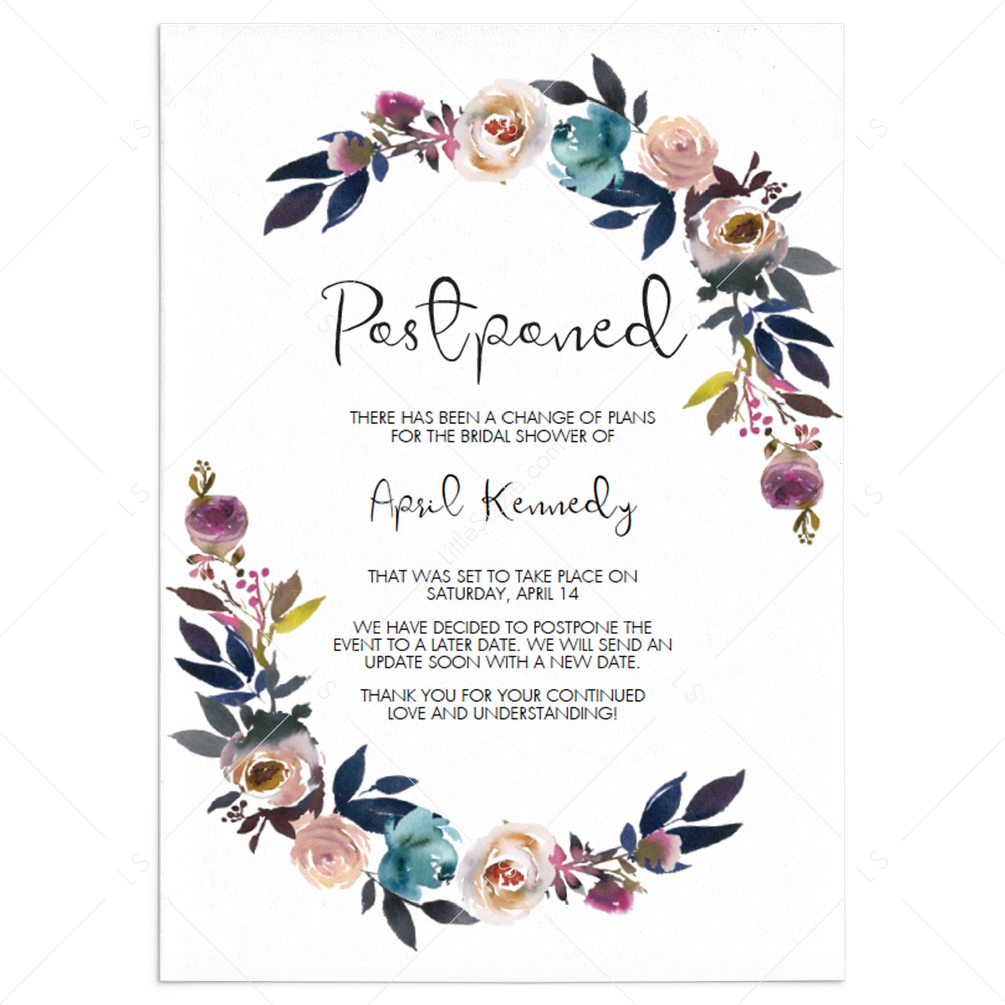 Postponed Bridal Shower Announcement Floral Template Instant Download by LittleSizzle
