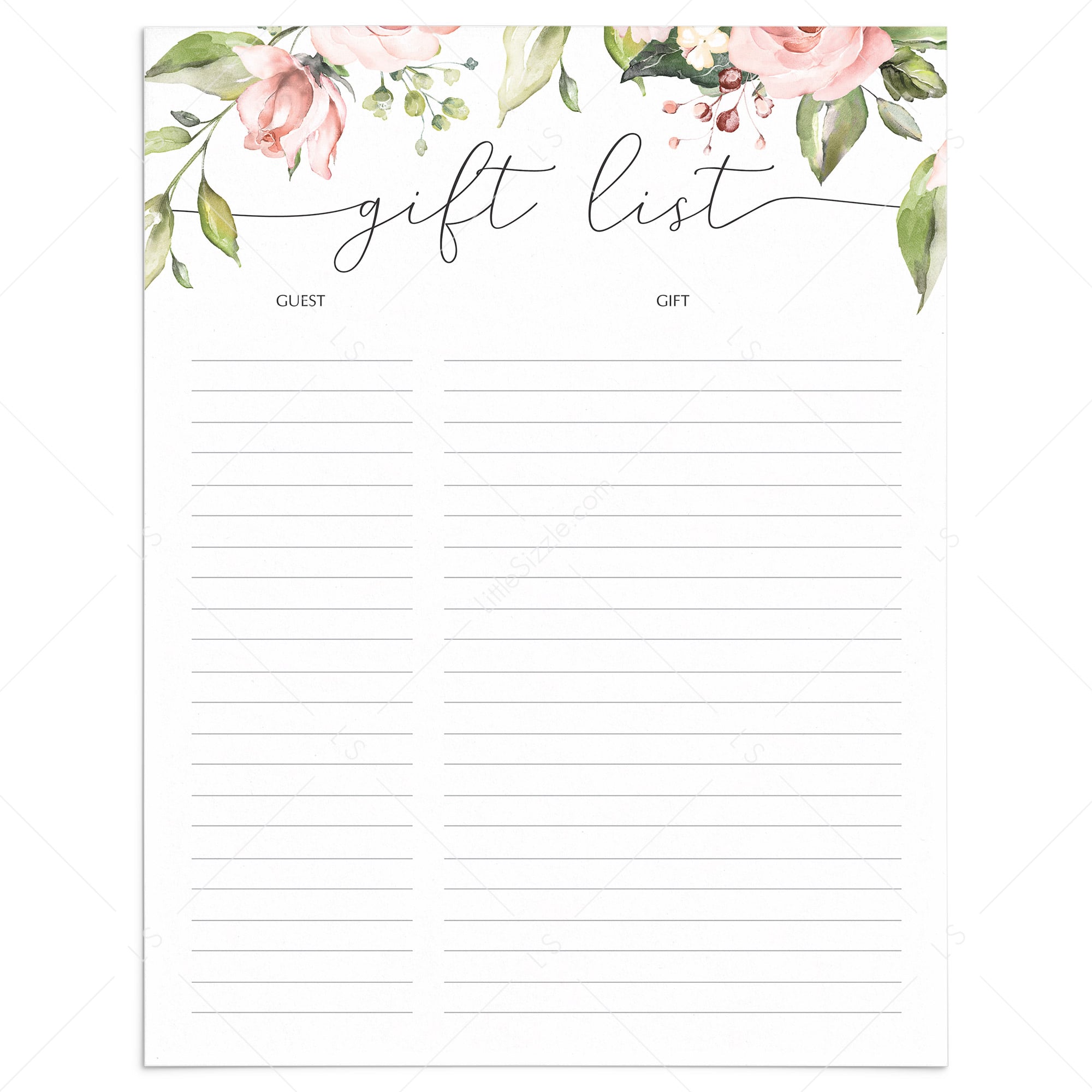 Printable gift list planner sheets watercolor flowers by LittleSizzle