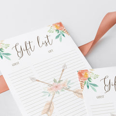 Boho Gift and Guest List Printable File