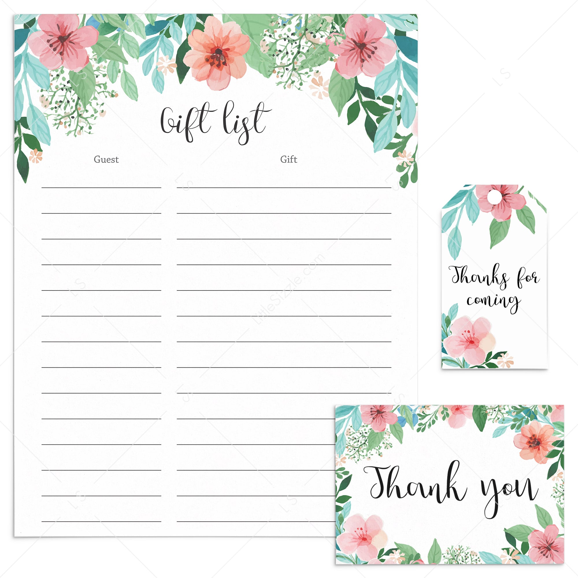 Floral Thank You Cards, Labels and Gift List Printable by LittleSizzle