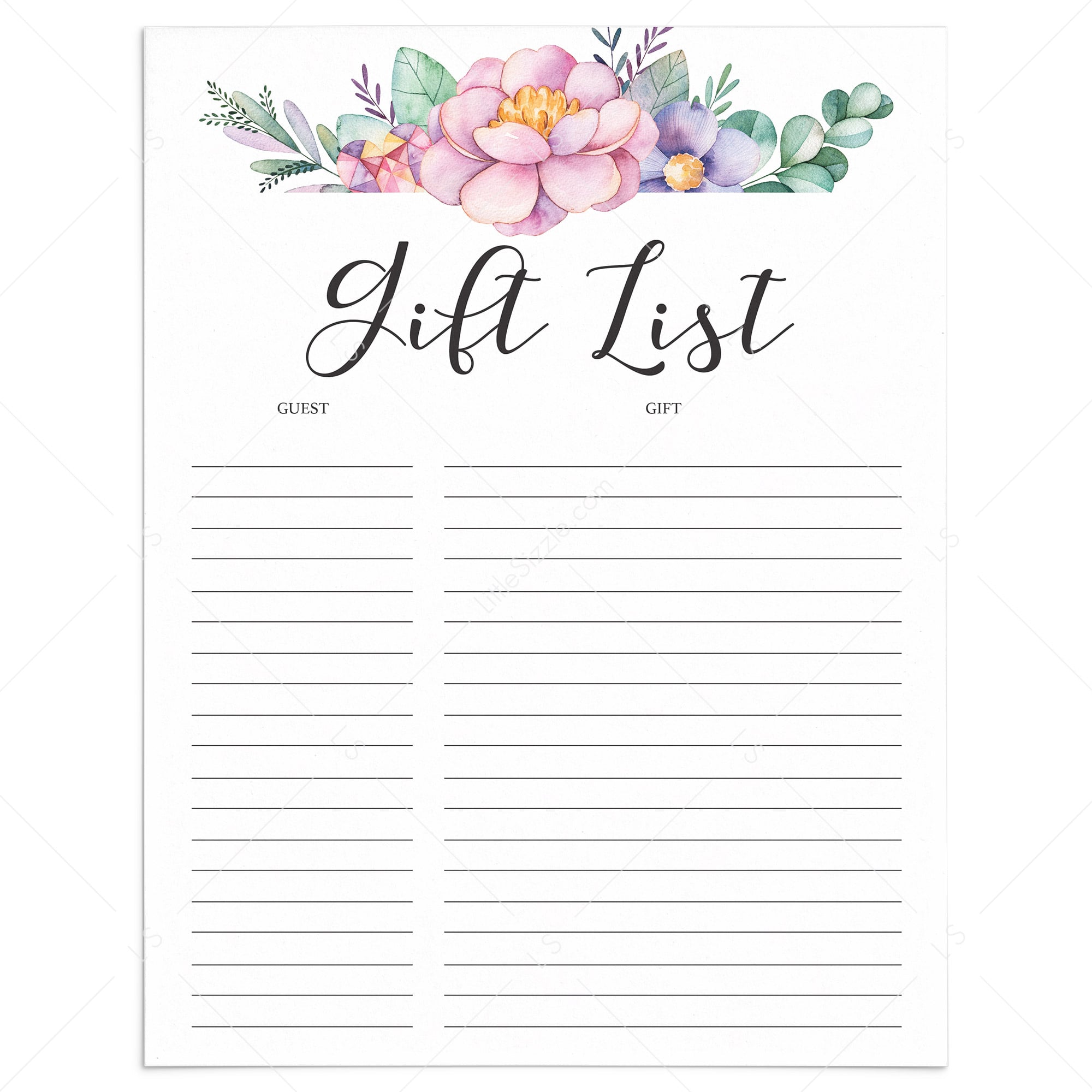 Printable guest and gift tracker for floral shower by LittleSizzle