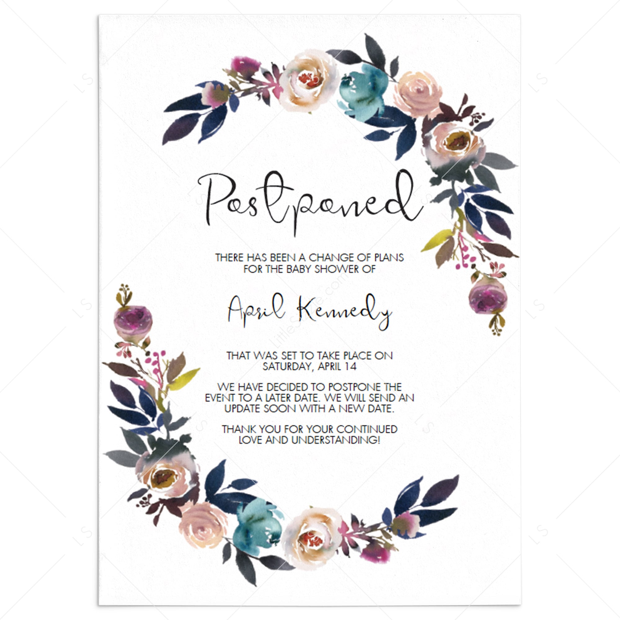 Postponed Baby Shower Card with Floral Wreath Editable Template by LittleSizzle