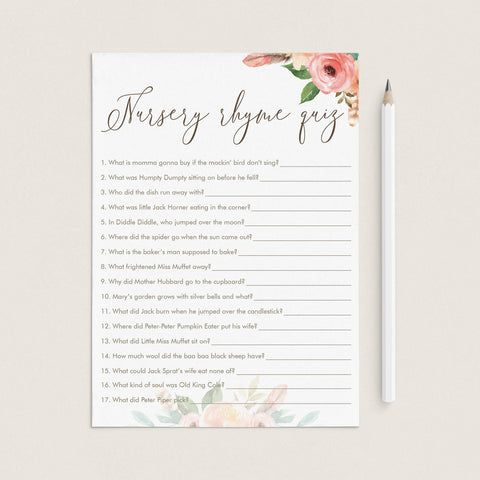 Watercolor Flowers baby shower Nursery Rhyme Quiz printable | Instant ...