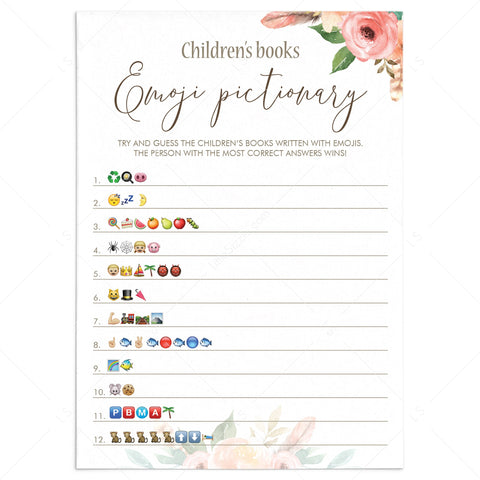 Foral baby shower game Emoji Pictionary printable | Instant download ...