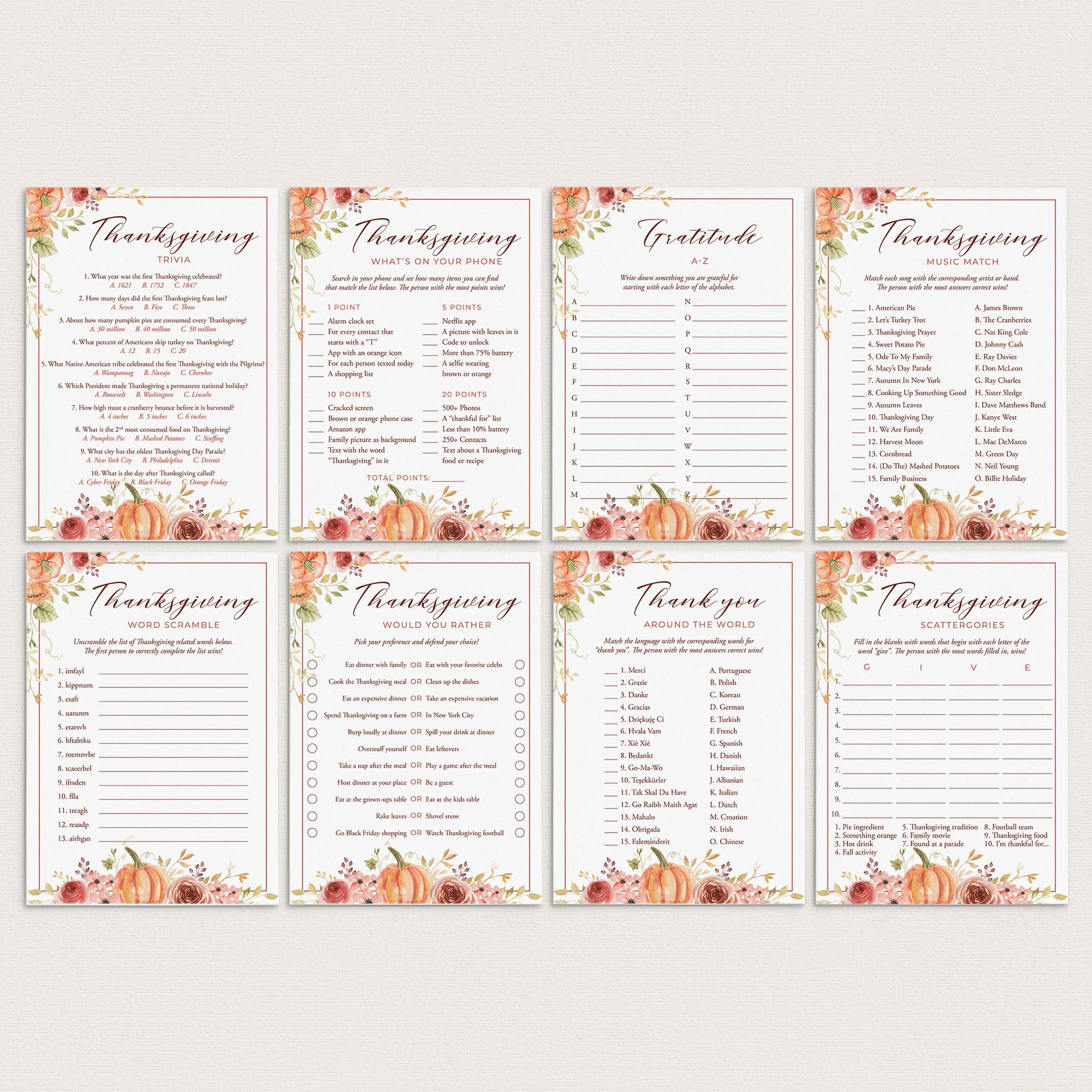 Floral Pumpkin Thanksgiving Games and Activities Printable by LittleSizzle