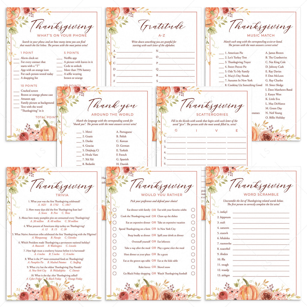 Floral Pumpkin Thanksgiving Games and Activities Printable – LittleSizzle