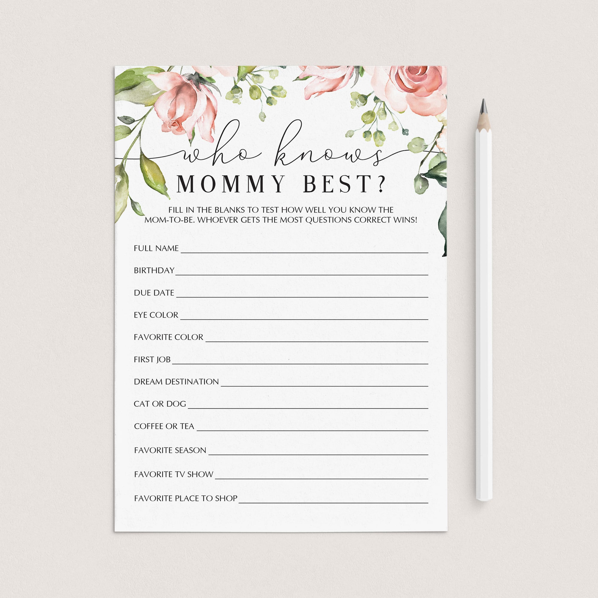 Printable blush baby shower game who knows mom best by LittleSizzle