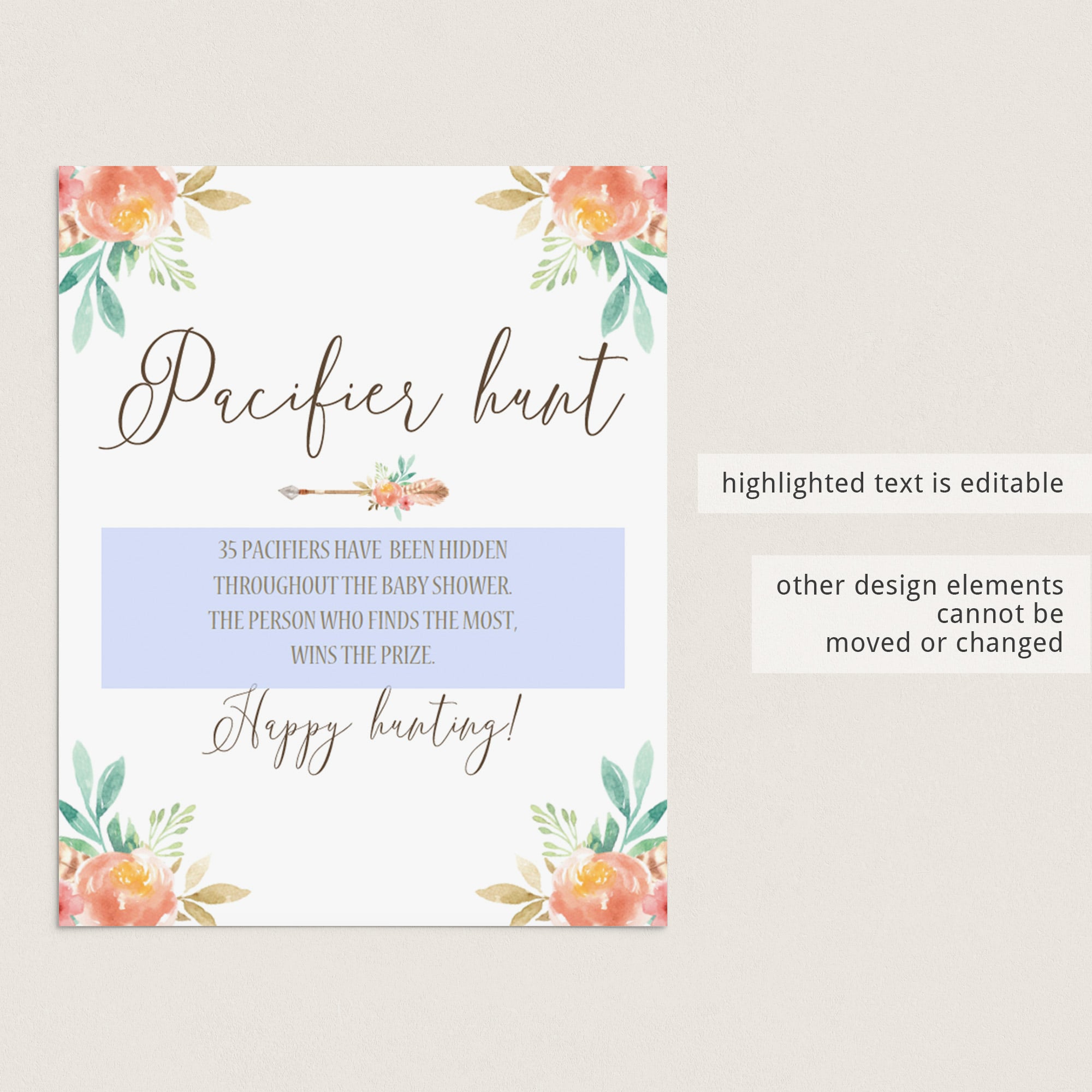 Watercolor floral baby shower pacifier hunt sign by LittleSizzle