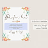 Watercolor floral baby shower pacifier hunt sign by LittleSizzle