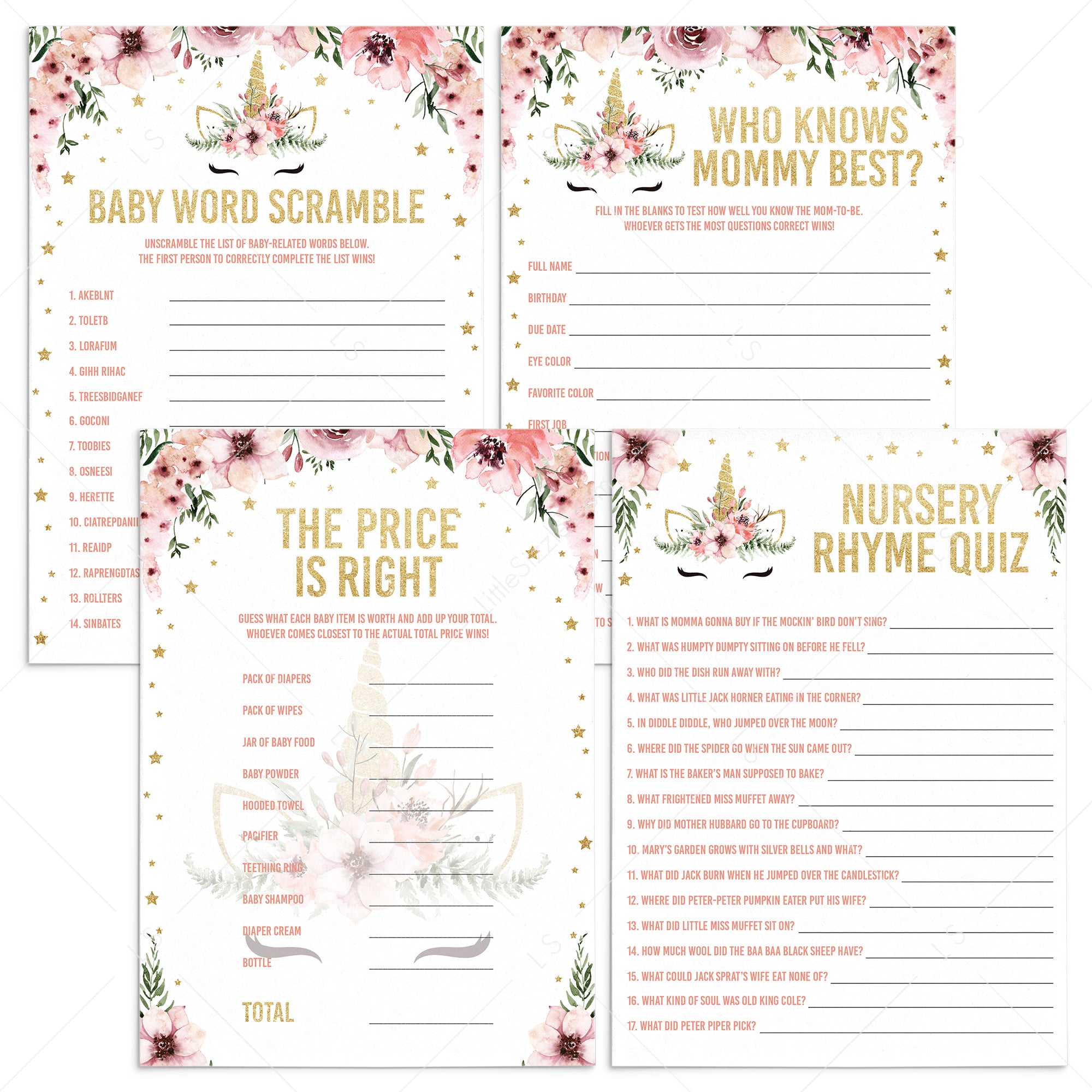Unicorn babyshower games package printable by LittleSizzle