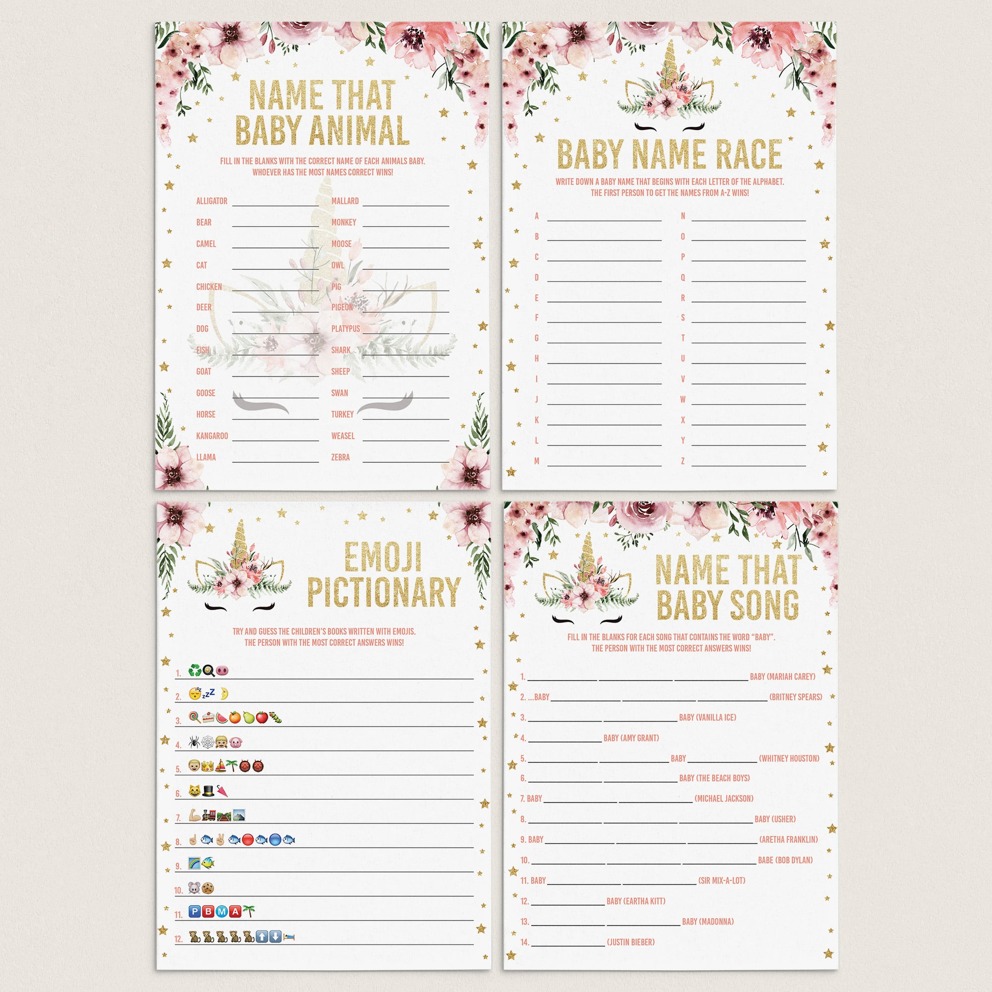 Pink and gold baby shower games printables by LittleSizzle