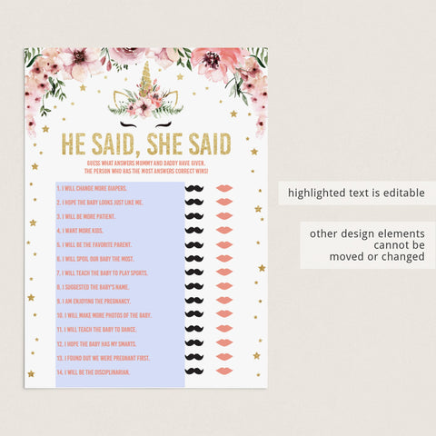 He Said or She Said game for Girl Baby Shower printable | Instant ...