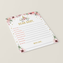 Floral Unicorn Dear Baby Printable Baby Shower Cards