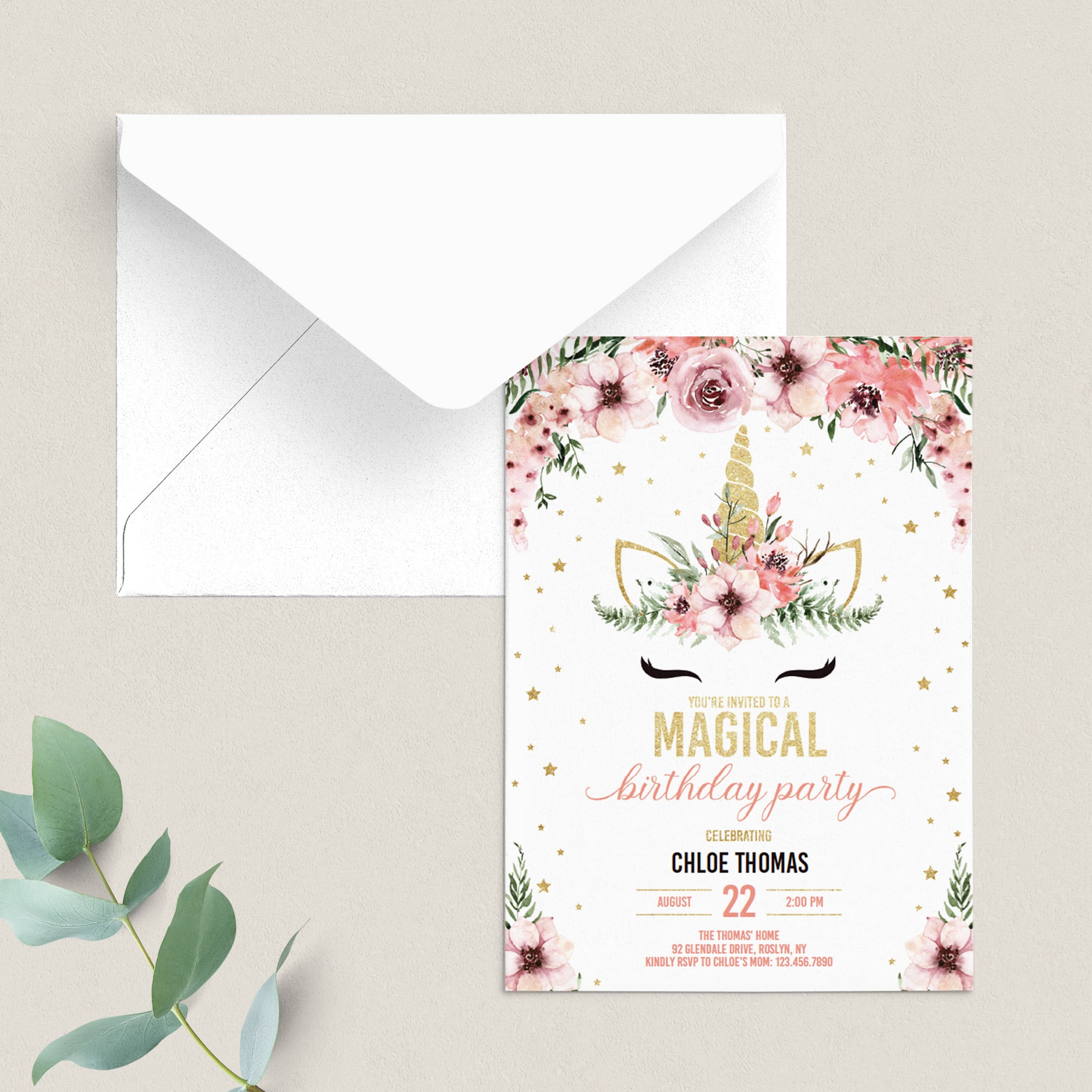 Floral unicorn birthday party invitation cards editable template by LittleSizzle