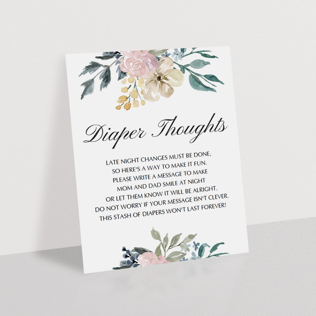 Diaper thoughts game template for floral baby shower by LittleSizzle