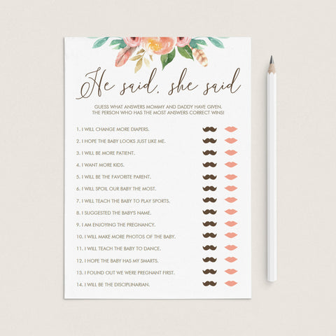 Printable He Said She Said game for baby shower | Instant download ...