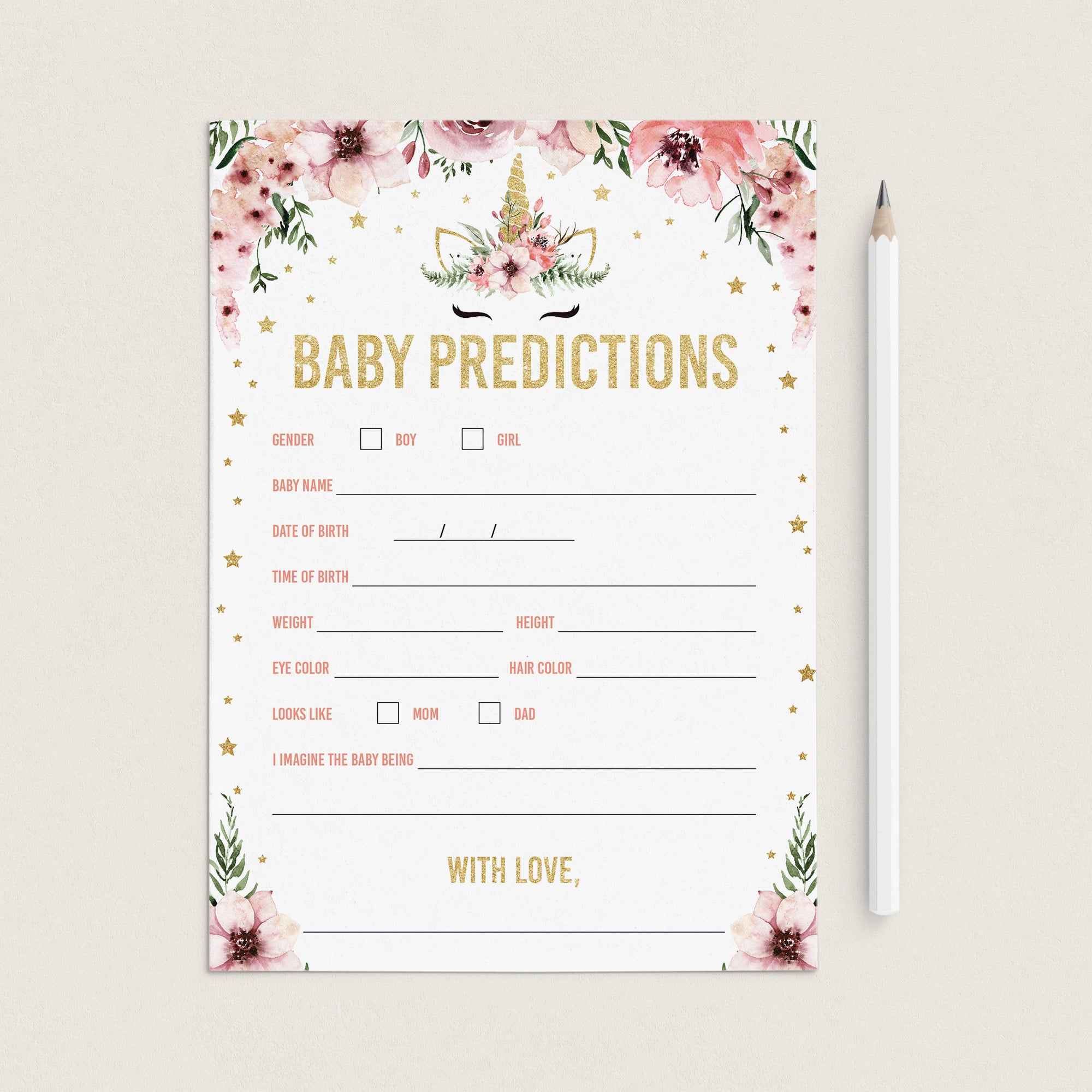 Printable floral unicorn baby predictions game by LittleSizzle
