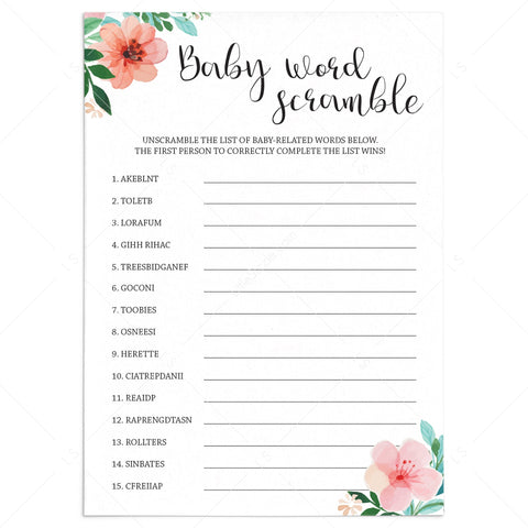 Baby Word Scramble Baby Shower Game Printable Floral Theme – LittleSizzle