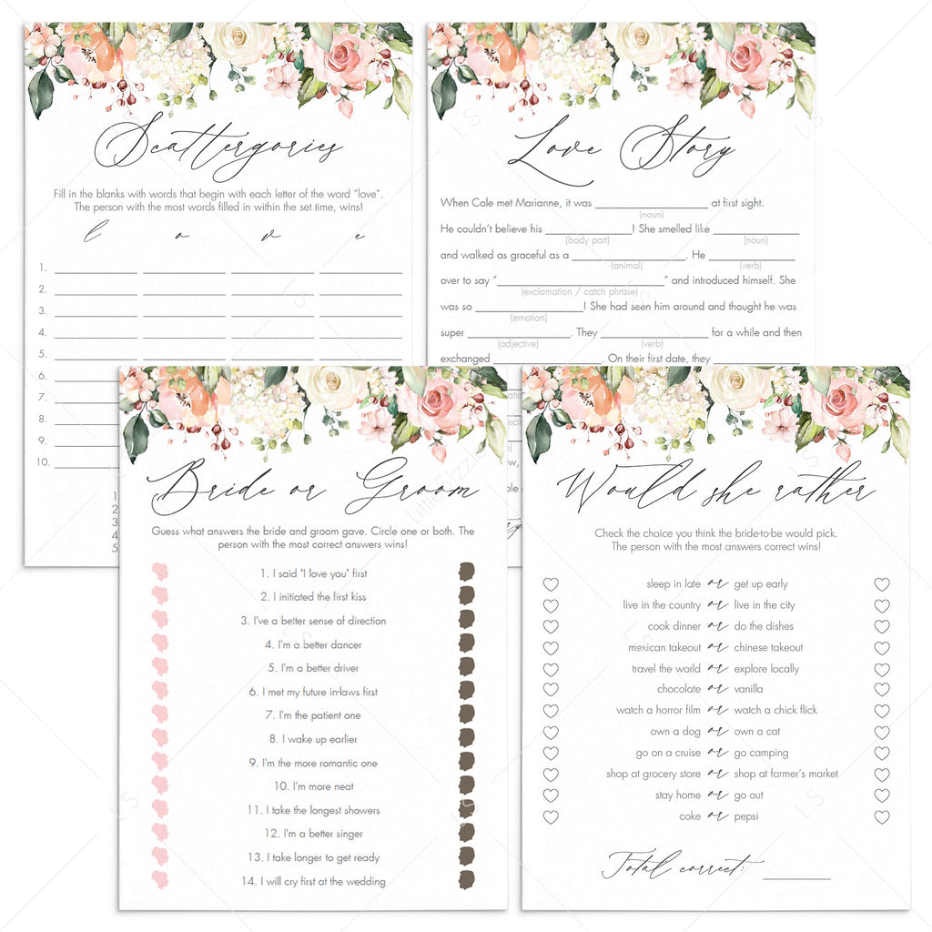 Watercolor Floral Bridal Shower Games Bundle DIY | Instant Download ...