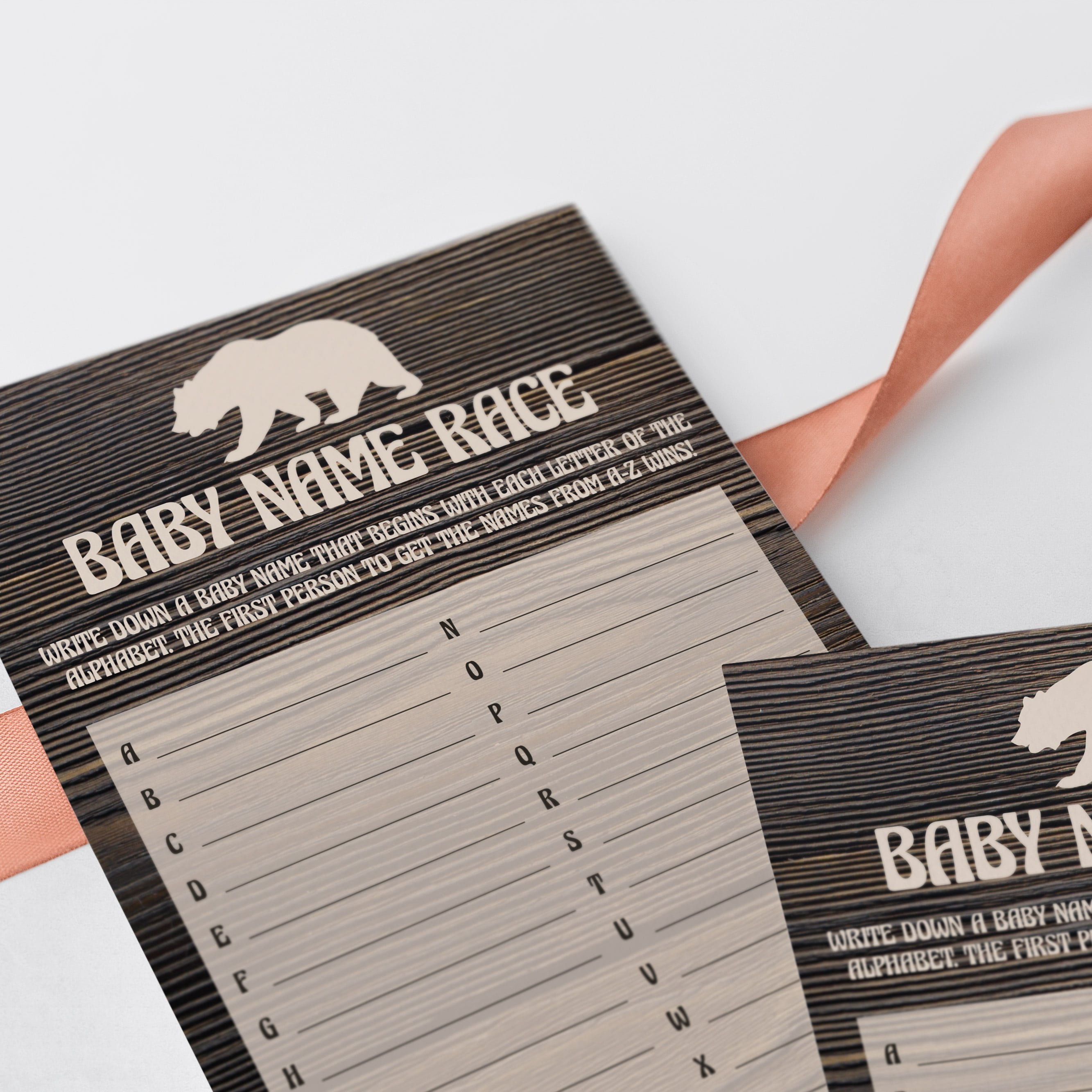Baby shower a to z name race game printable rustic wood by LittleSizzle