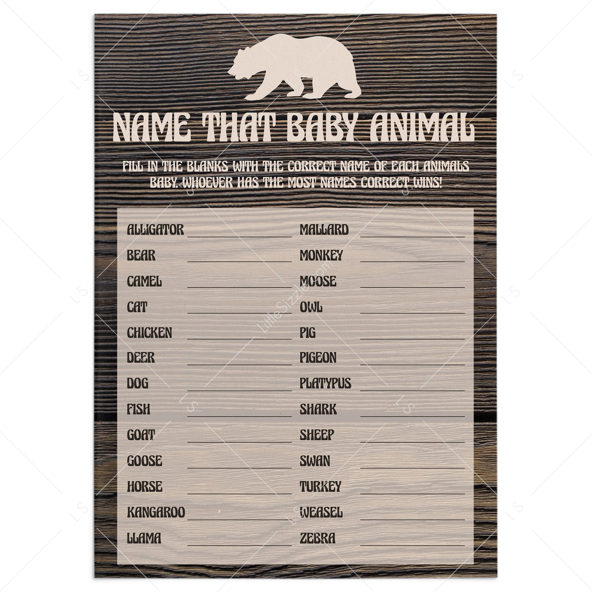 Name that baby animal baby bear party game printable by LittleSizzle