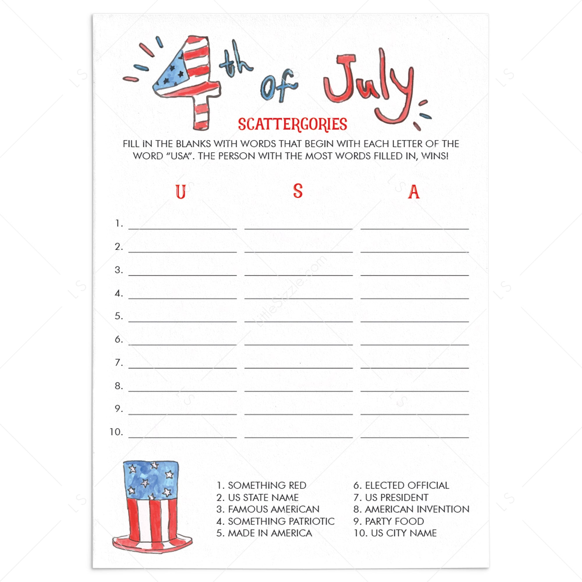 4th of July Scattergories Printable by LittleSizzle