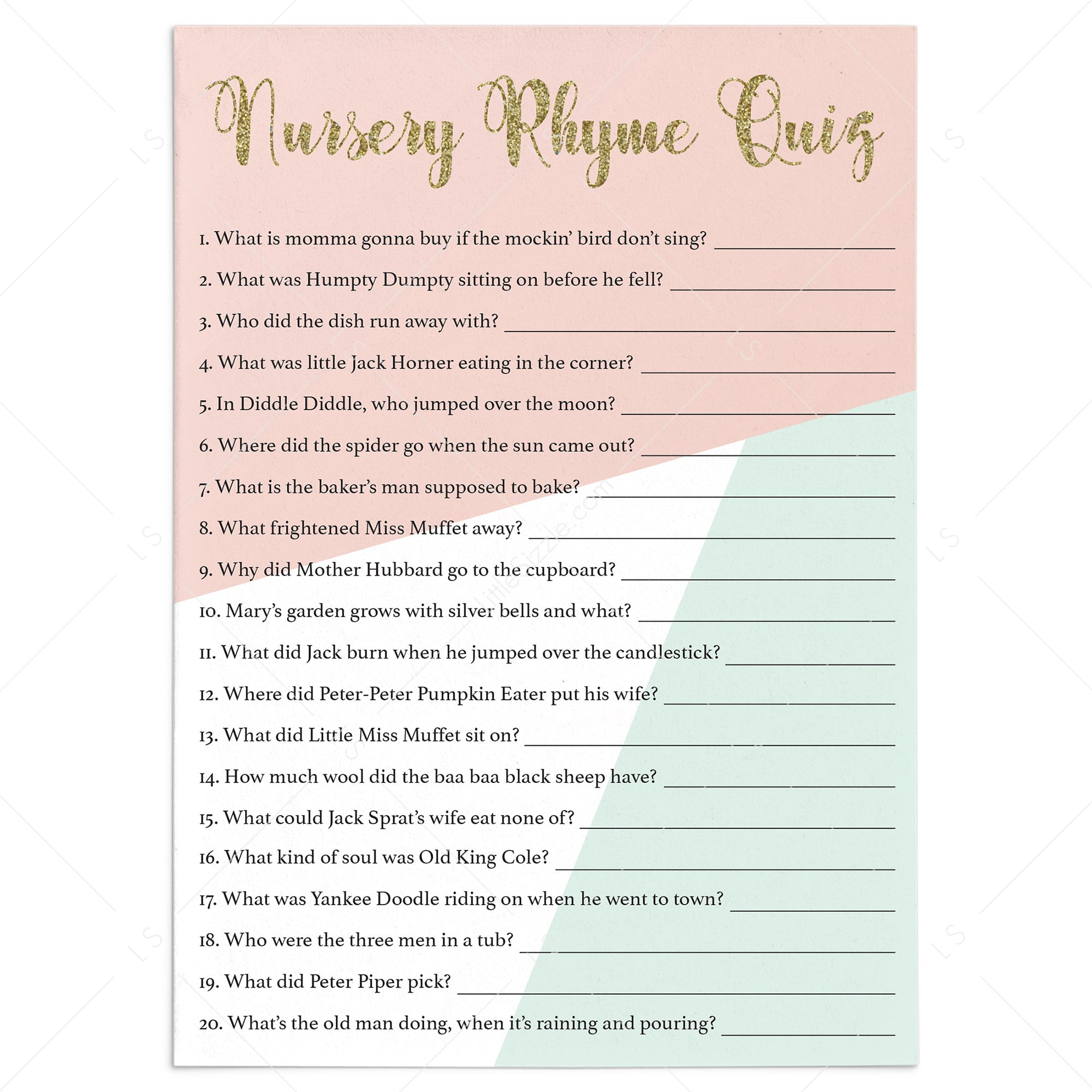 Printable Nursery Rhyme Quiz for baby shower by LittleSizzle