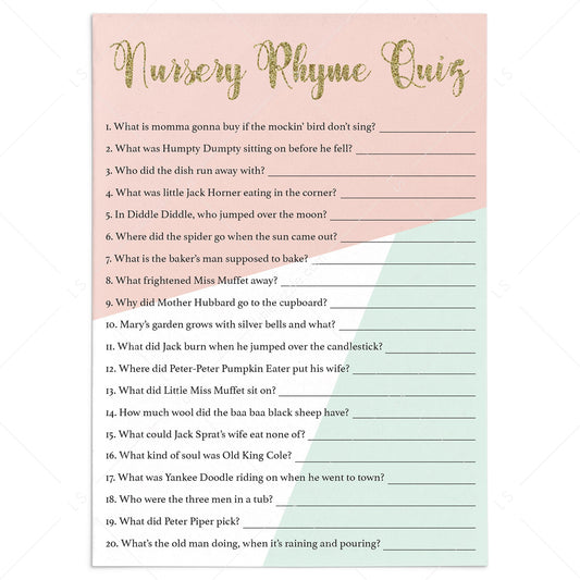 Printable Nursery Rhyme Quiz for baby shower by LittleSizzle
