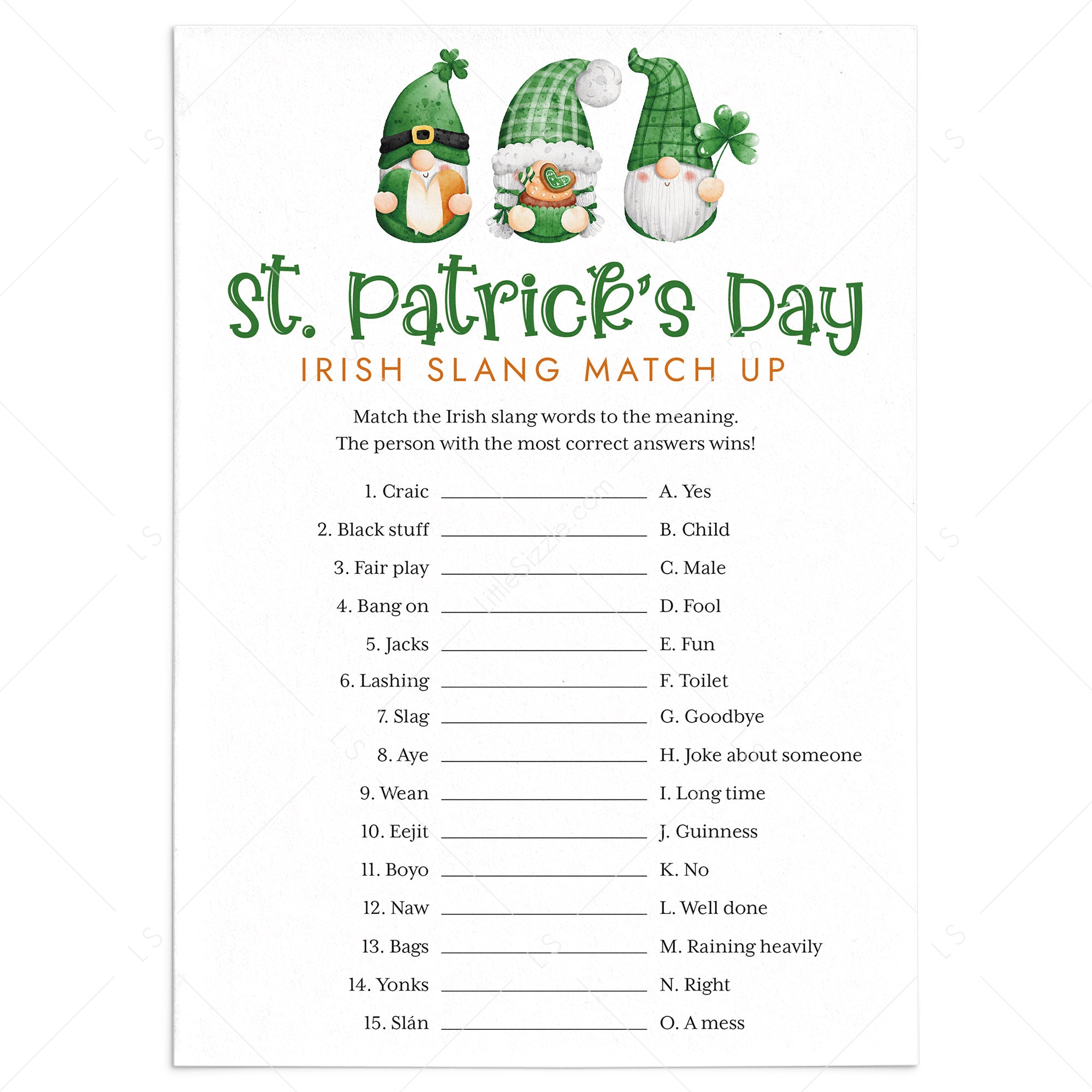 Fun St Patrick's Day Game Irish Slang Words Match Up with Answers by LittleSizzle
