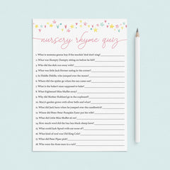 Printable Nursery Rhyme Quiz for Girl Baby Shower