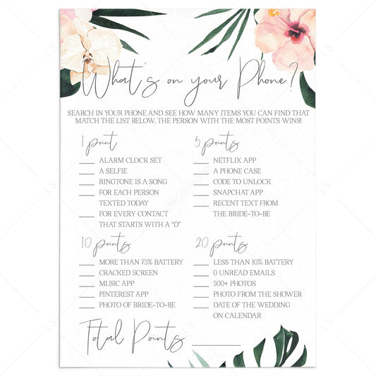 Tropical Theme Bridal Shower Game Printable What's On Your Phone by LittleSizzle