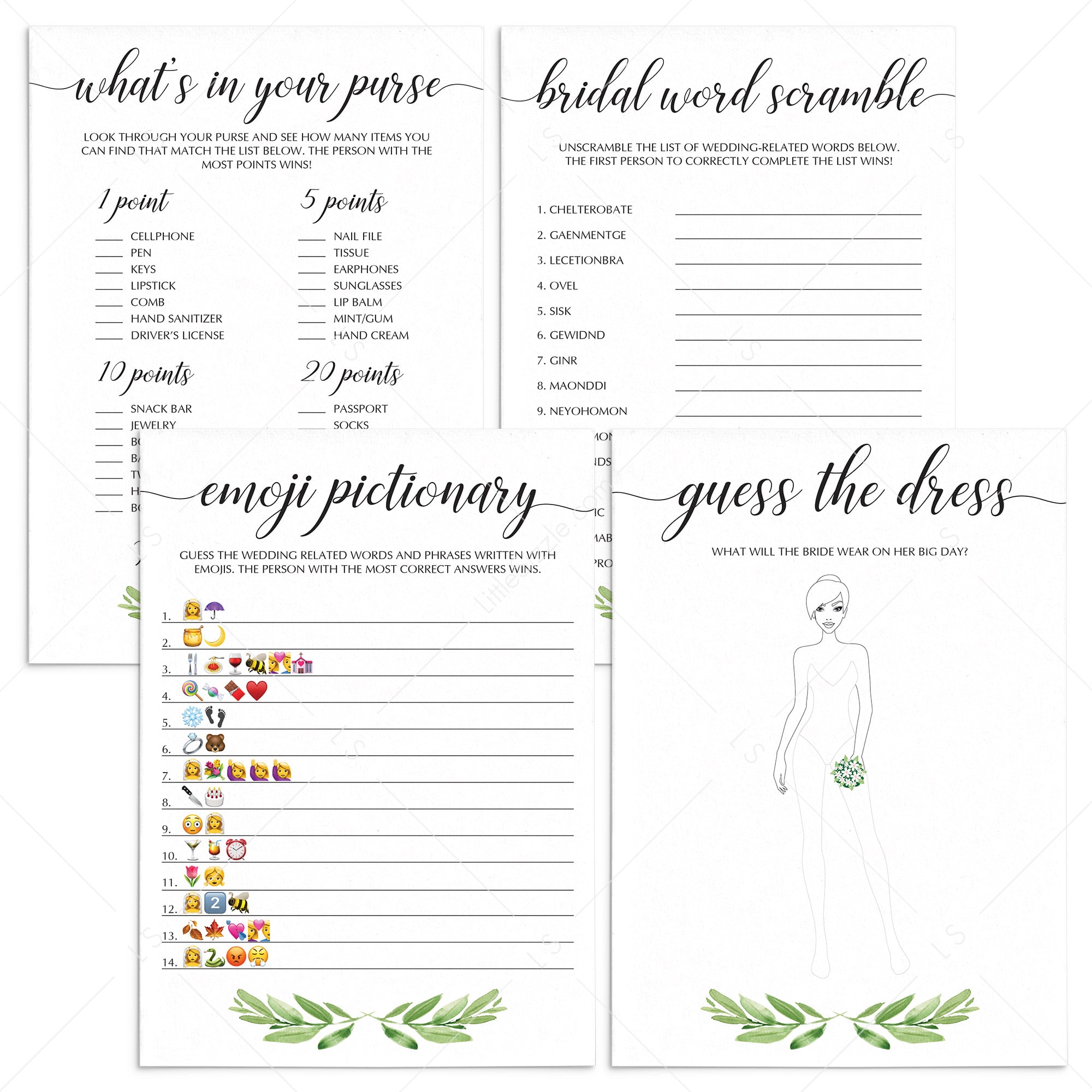 greenery bridalshower games package instant downloads by LittleSizzle