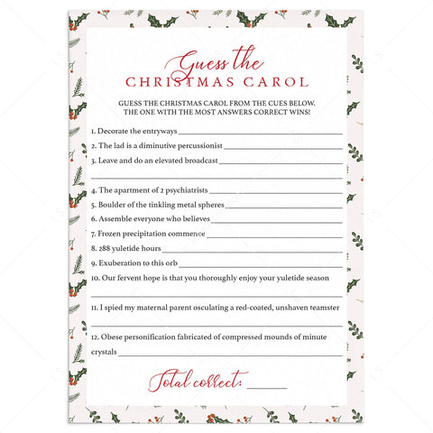 Christmas Songs Game Printable 