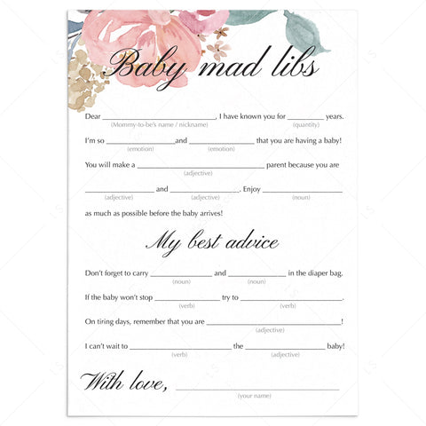 Baby Shower Mad Libs Printable | Blush Floral | Instant Download ...