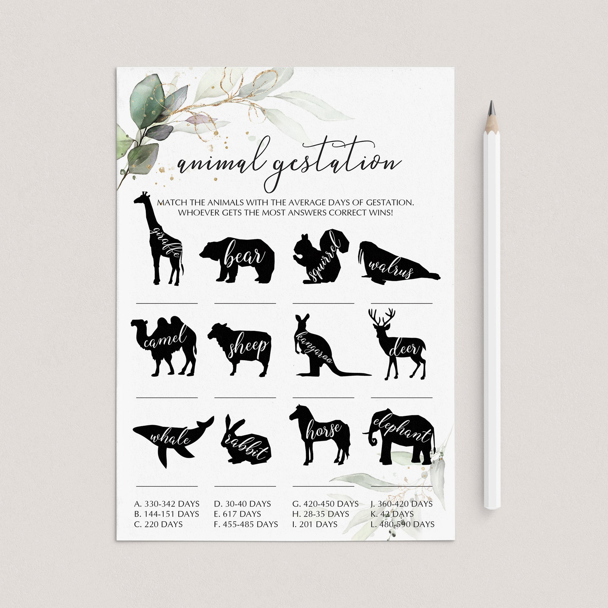 Greenery and Gold Baby Shower Game Animal Gestation Match by LittleSizzle