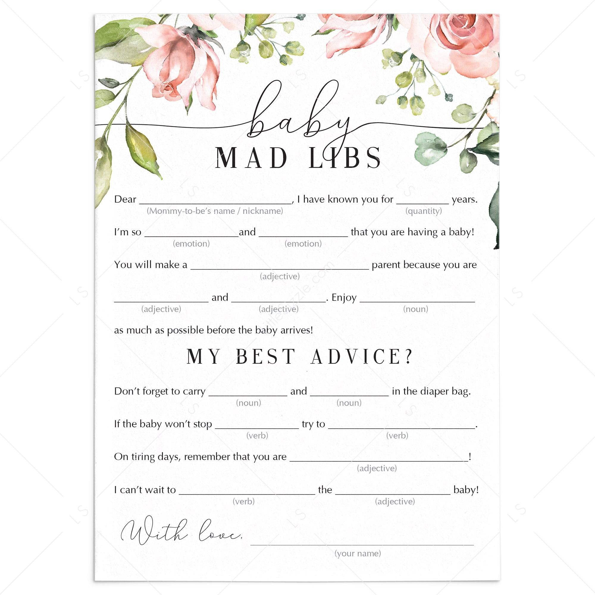 Floral baby shower advice cards baby mad libs printable by LittleSizzle