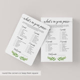 What's In Your Purse Baby Shower Game Printable with Green Leaves
