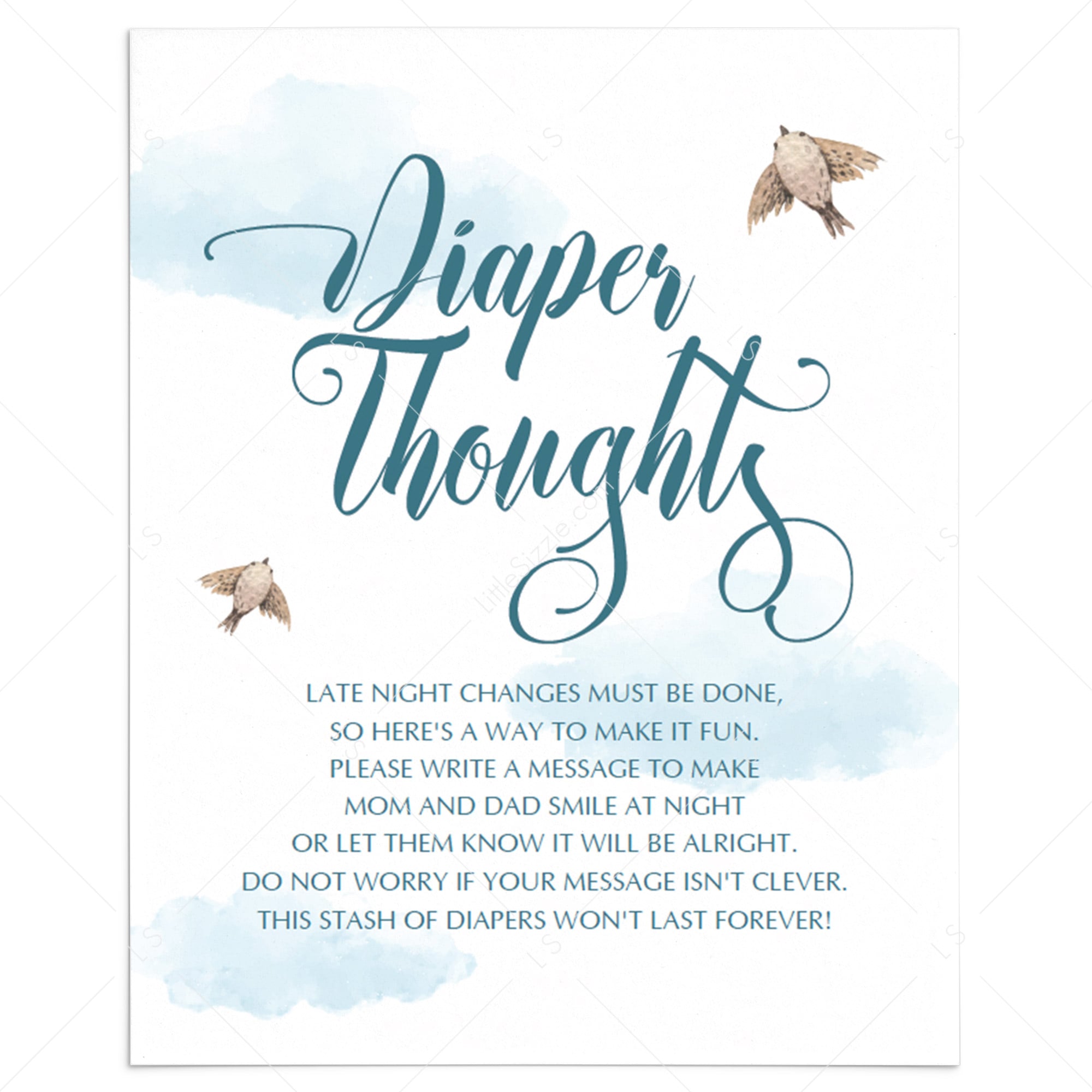 Printable diaper thoughts blue baby shower activity by LittleSizzle