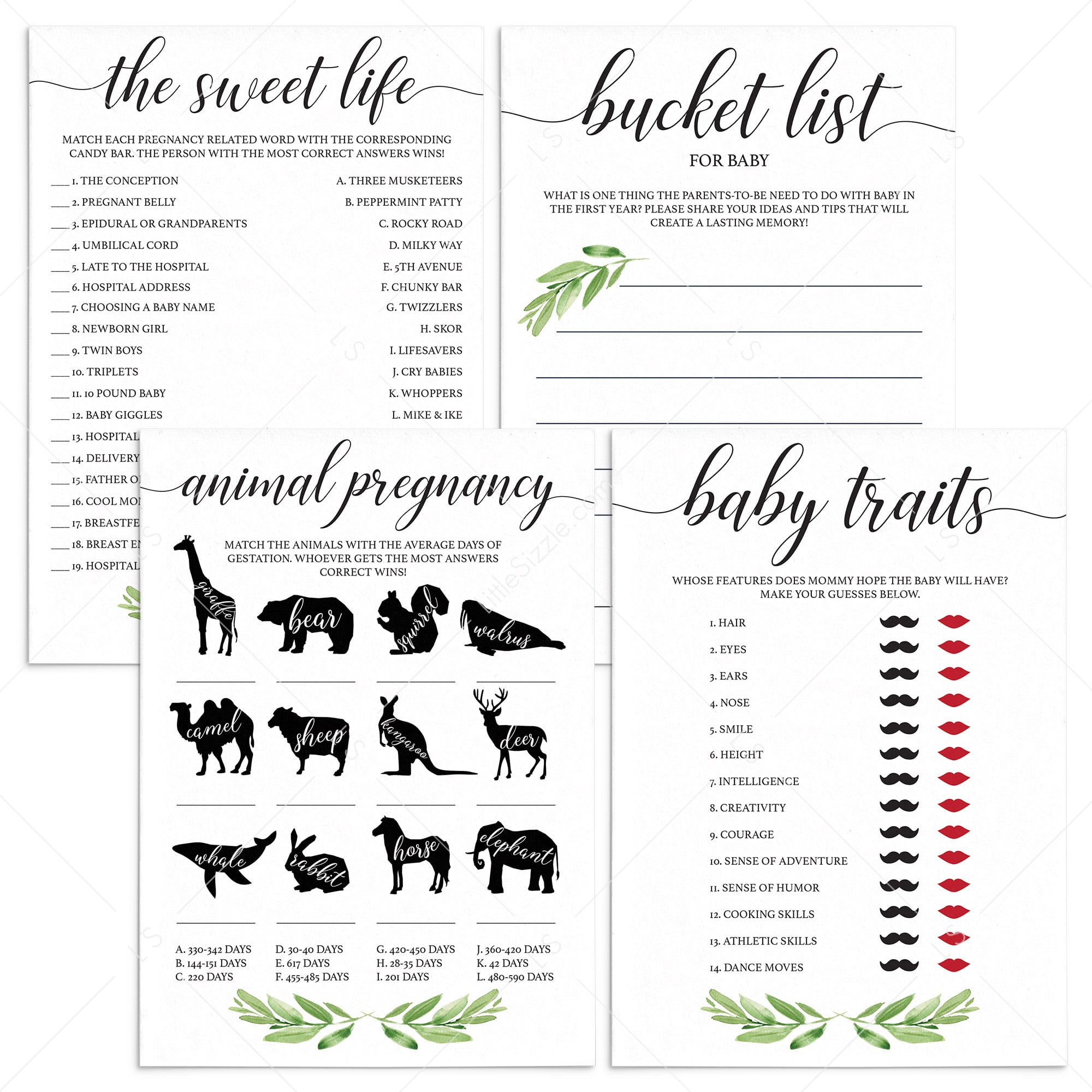 Baby Shower Games Package Printable Greenery Themed by LittleSizzle