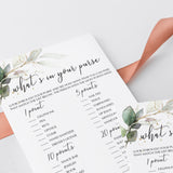 What's In Your Purse Game Printable Greenery and Gold Theme