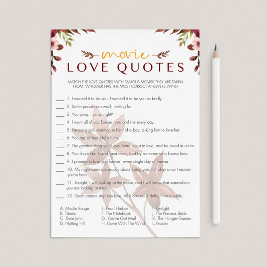 Movie Quotes Bridal Shower Game Match the Movie to the Quote 