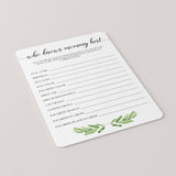 Green leaves baby shower games printable by LittleSizzle