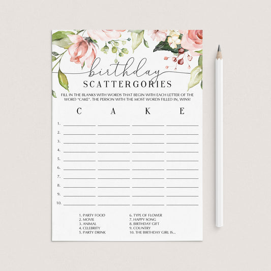 Blush Floral Birthday Scattergories Game Instant Download by LittleSizzle