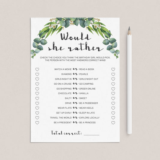 Would She Rather Birthday Game Greenery Theme by LittleSizzle