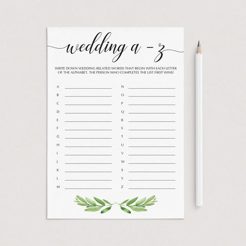 Green Wedding A-Z Game for Bridal Shower Printable | Instant download ...